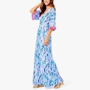 LILLY PULITZER Maxi Dress Parigi Skim Blue Reel Nauti Print Women Large NEW NWT